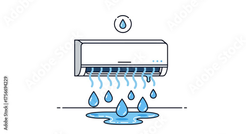 Leaking air conditioner unit Line art style Water droplets and puddle Indoor climate control problem