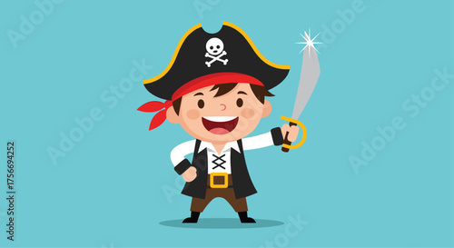 A cheerful young pirate wearing a classic hat and holding a sword with a smile.