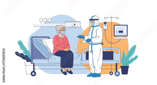 Healthcare professional in protective suit talks with elderly patient in hospital room.