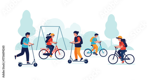 Children enjoying outdoor recreational activities like cycling and scooting in a park setting.