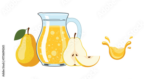 Fresh pear juice in a glass pitcher with sliced pears and a splash of liquid.