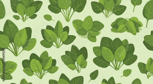 A seamless pattern of fresh green spinach leaves arranged in various clusters on a light green background.