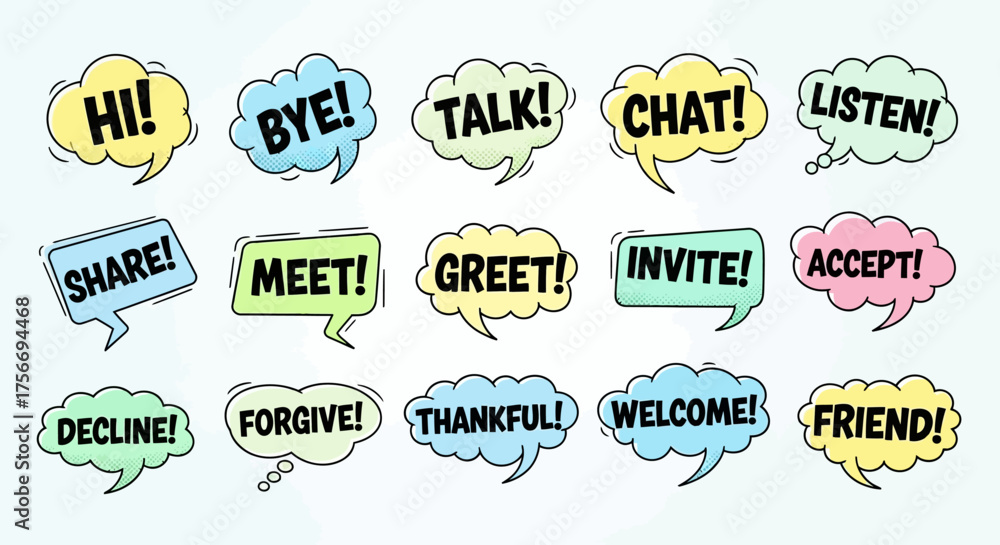 Obraz premium Speech bubbles Colorful hand drawn style with communication words conversation concept