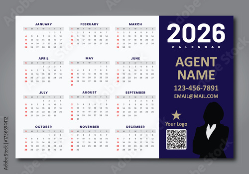 Calendar layout for 2026 year- Realtor,  Planner - printing template - Wall Calendar- Magnet Calendar, Vector