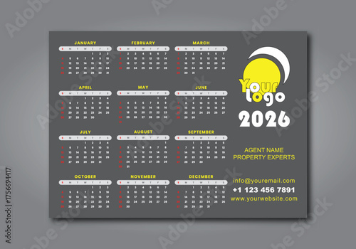 Calendar layout for 2026 year- Realtor,  Planner - printing template - Wall Calendar- Magnet Calendar, Vector