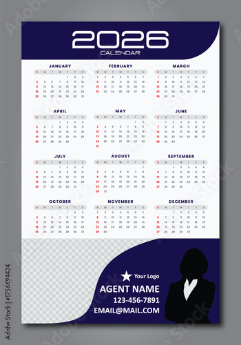 Calendar layout for 2026 year- Realtor,  Planner - printing template - Wall Calendar- Magnet Calendar, Vector