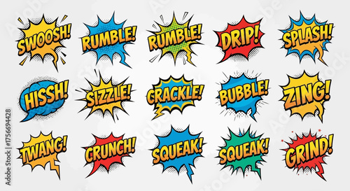 Comic Speech Bubbles Pop Art Style Colorful Explosions with Sound Effects Words