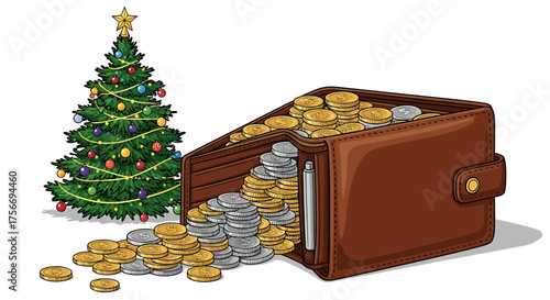 Wallet Overflowing with Coins, Christmas Tree, Holiday Finance, Vector Illustration, Festive Setting, Side View, Whisk_6f950033d602a3f9bcd4a81f2a3d6ea9dr Concept