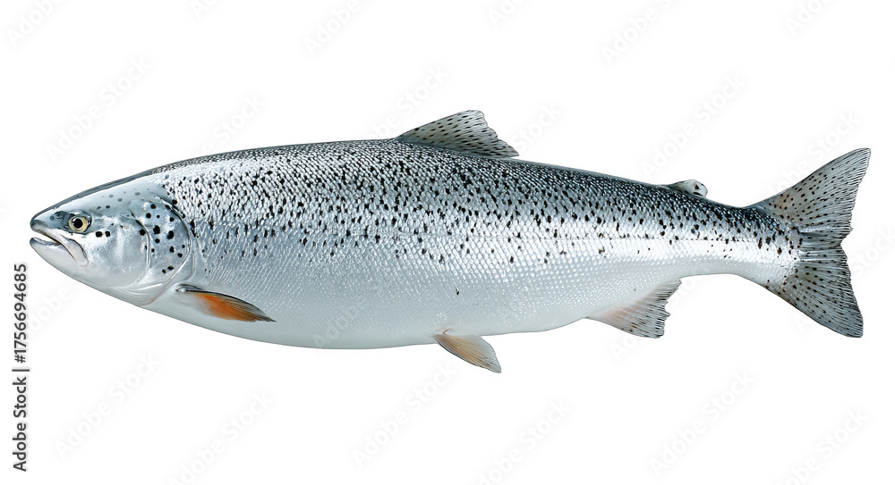 Naklejka premium This is a fresh Atlantic salmon fish with silver body and distinctive black spots, representing a healthy seafood option.