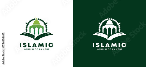 Islamic mosque logo design with a book or holy book of the Quran and prayer beads