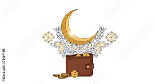 Financial Charity Event, Wallet, Coins, Islamic Ornament, White Background, Flat Lay, Whisk_44c8458de25cb4b976f44985c2bd7d21dr Concept