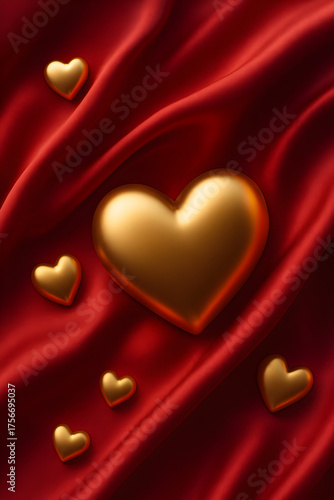 Luxury Valentine background, golden hearts and red silk fabric folds.