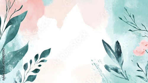 Watercolor foliage and abstract paint splashes create a soft floral background.