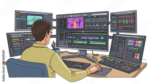High-Quality Colorful Continuous Black Line Art of Video Editor at Computer with Timelines and Multiple Screens – Post-Production and Digital Film Editing Cinematography Icons