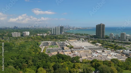 Toronto skyline aerial drone view over Lake Ontario
