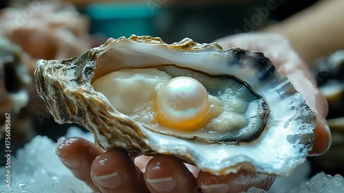 Hand Holding an Open Oyster Revealing a Precious White Pearl.