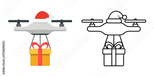 drone gift boxDrone delivering gift box icon showing a quadcopter carrying a small present. Great for modern delivery themes, holiday logistics, and festive technology concepts.
