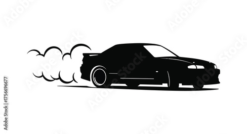 Dynamic black silhouette of a sports car performing a drift with smoke trailing behind on a white background silhouette
