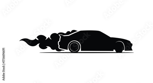 Dynamic black silhouette of a sports car with smoke trailing from its exhaust in a stylized motion blur effect silhouette