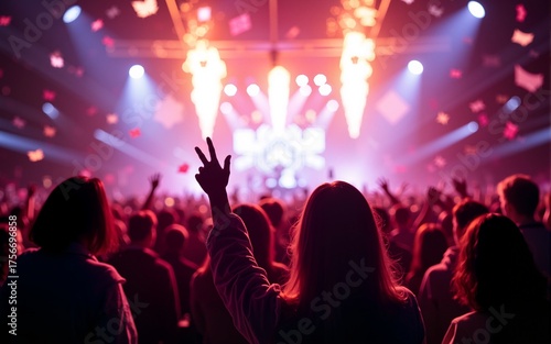A crowd of people at a concert with confetti in the air created with Generative AI technology. High quality