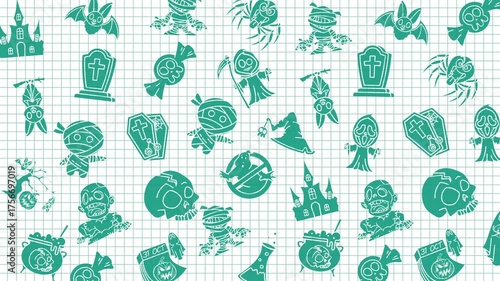 Animated Halloween pattern with fun green seamless pattern. doodles halloween suitable for invitations, wallpaper and backgrounds. Loop motion graphic.