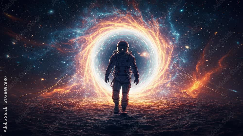 Astronaut Approaches Glowing Cosmic Portal in a Starry Night Sky