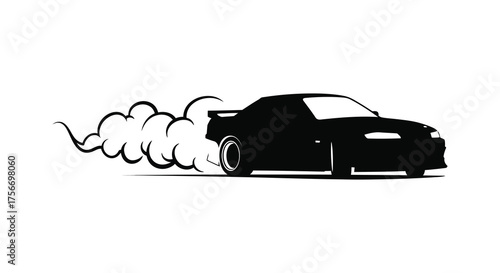 Dynamic black silhouette of a sports car performing a burnout with thick smoke billowing out from the tires silhouette
