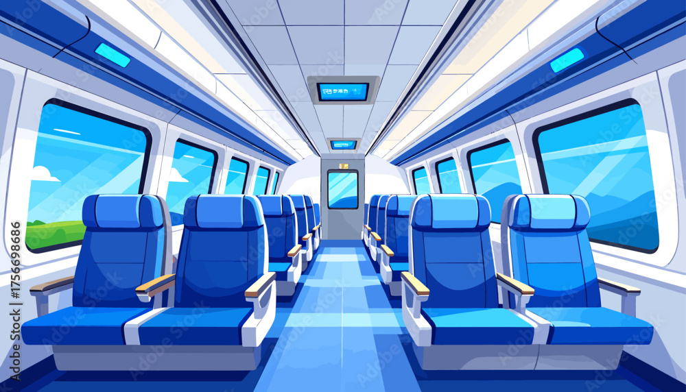 Obraz premium Empty interior of a modern high-speed train carriage with blue seats and large windows showing a sunny landscape.