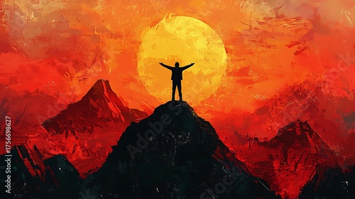 Vibrant digital art mountain peak figure silhouette background image