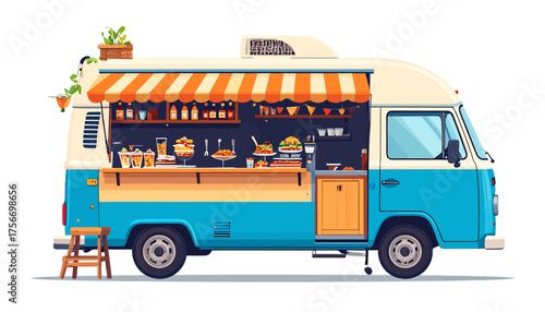Vibrant illustration of a retro-style blue and white food truck with an open serving window, displaying various food and drink items, and an orange striped awning.