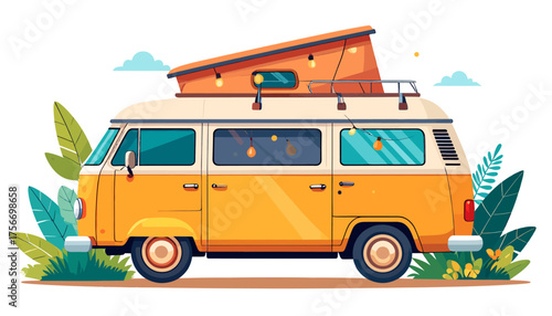 A vibrant yellow and white vintage camper van with a pop-top roof and string lights, surrounded by green foliage, in a cheerful illustration style.