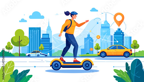 Woman riding a hoverboard on a city street, showcasing urban mobility and smart city technology with network connections.
