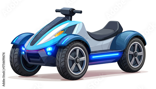 Futuristic blue and grey four-wheeled electric vehicle with glowing lights, resembling a modern ATV or go-kart.