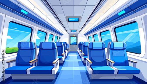 Empty interior of a modern high-speed train carriage with blue seats and large windows showing a sunny landscape.