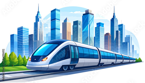 A modern high-speed train travels on tracks with a futuristic city skyline in the background under a clear blue sky.