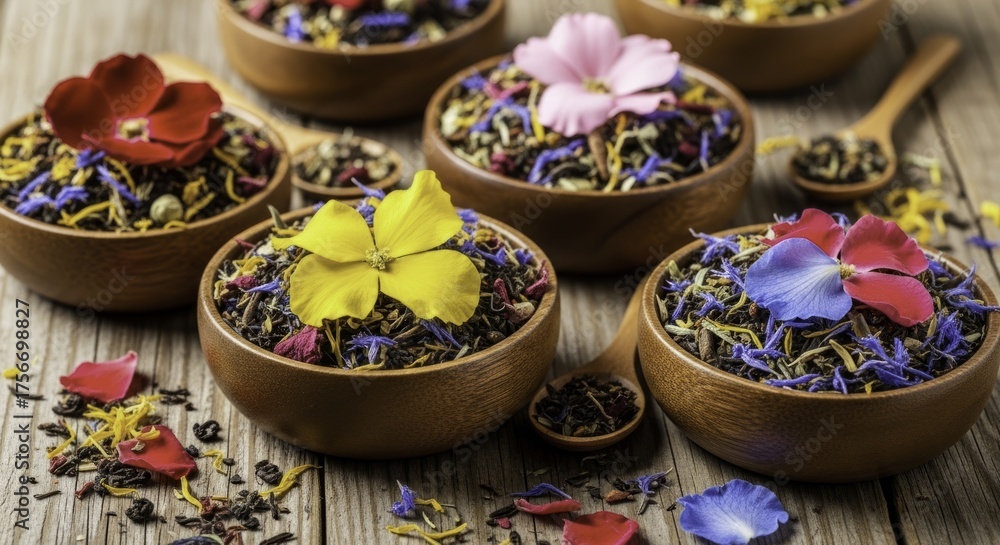 Fototapeta premium Vibrant Assortment of Loose Leaf Herbal Tea Blends with Colorful Dried Flowers in Wooden Bowls on a Rustic Wood Table