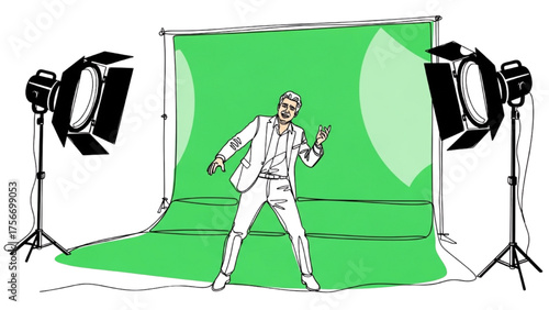 High-Quality Colorful Continuous Black Line Art of Actor Performing in Front of Green Screen Under Studio Lights – Emotional Scene Representing Performance Art and Expression