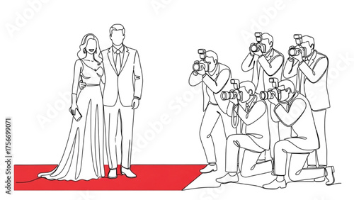High-Quality Continuous Black Line Art of Couple Posing at Red-Carpet Event with Four Cameramen – Celebrity Photography and Media Coverage