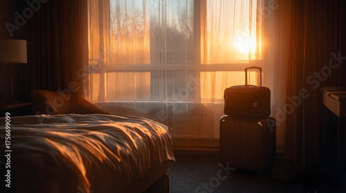 Sunrise illuminates a hotel room with a neatly made bed and stacked luggage.
