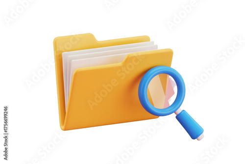 Yellow folder with magnifying glass isolated on transparent background