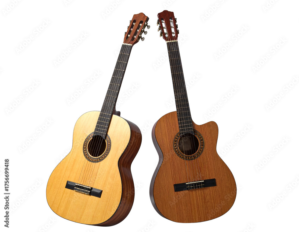 Obraz premium Untitled design - Two Classic Acoustic Guitars in Different Wood Finishes – Isolated on Transparent Background