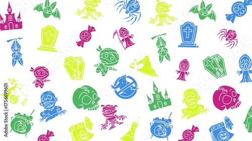 Animated Halloween pattern with fun red, yellow and blue seamless pattern. doodles halloween suitable for invitations, wallpaper and backgrounds. Loop motion graphic.
