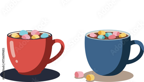 Colorful mugs filled with marshmallows in flat vector style, transparent background  