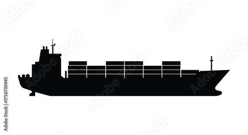 A stark black silhouette of a large cargo ship loaded with containers on a white background silhouette