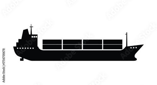 Black silhouette of a large cargo ship carrying many containers on a white background silhouette