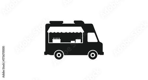 Simple black silhouette of a food truck with an awning and windows on a white background silhouette