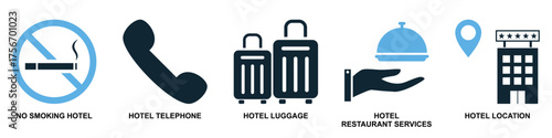 Set hotel icon vector. Ideal for hospitality, accommodation, and travel amenity themes. This graphic collection represents various guest services and lodging features for a seamless interface design.