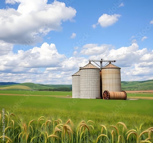 Grain Silos in a Green Field under Cloudy Sky