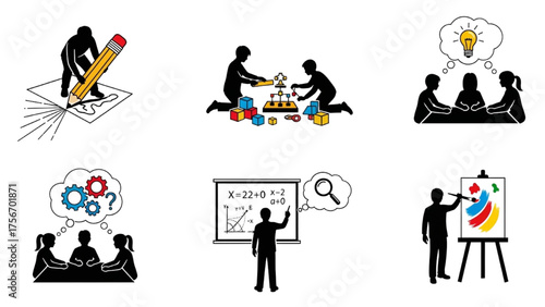Creative Education Silhouette Icon Set – Students Drawing, Building Prototypes, and Brainstorming Ideas, Black Line and Colorful Vector Illustrations Representing Innovation and Problem-Solving Skills
