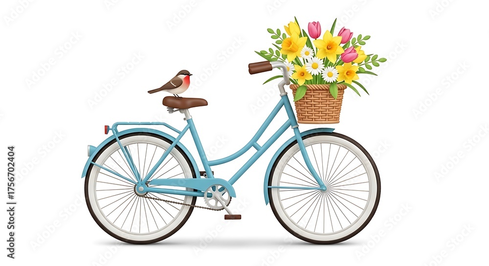 Fototapeta premium A light blue vintage bicycle with a wicker basket full of spring flowers and a small robin perched on the seat, isolated on a white background.
